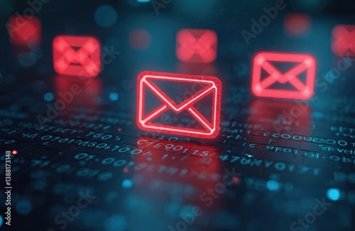 Email security alert, protection against spam, viruses, compromised communications in inbox. Digital envelope icon against binary code background. Data protection, phishing, internet security