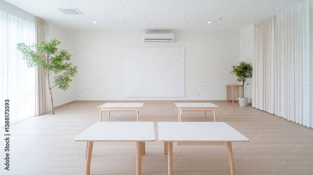 Fototapeta premium Bright, modern, empty room with tables