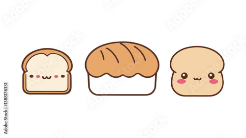 three Cute Cartoon Bread Illustrations Featuring Adorable Loaves With Smiling Faces, different cute shapes of bread cartoon characters or signs