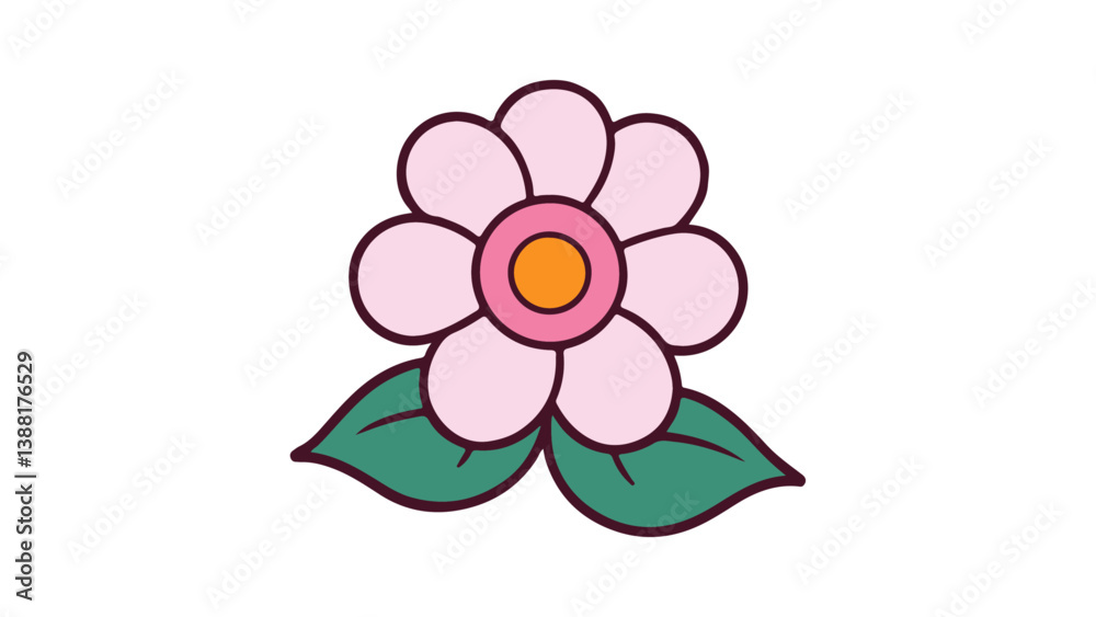 Fototapeta premium Cute Cartoon Style Flower With Two Leaves Illustration, A colorful and charming illustration of a flower featuring soft pink petals
