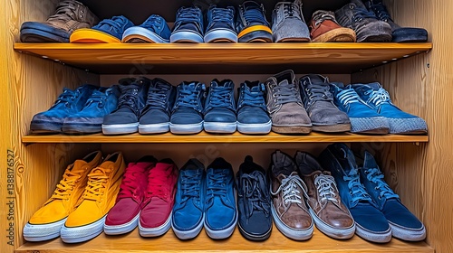 Colorful shoe collection on wooden shelves