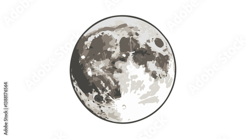 Black and White Artistic Representation of the Moon Surface With Craters, Detailed black and white illustration of the moon showcasing craters and surface features