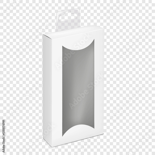 White blank vertical narrow paper box with cut out window, tuck-in flap lid, euro hole clear plastic tab. 3d mock-up. Hanging paperboard carton container. Realistic vector mockup. Template for design