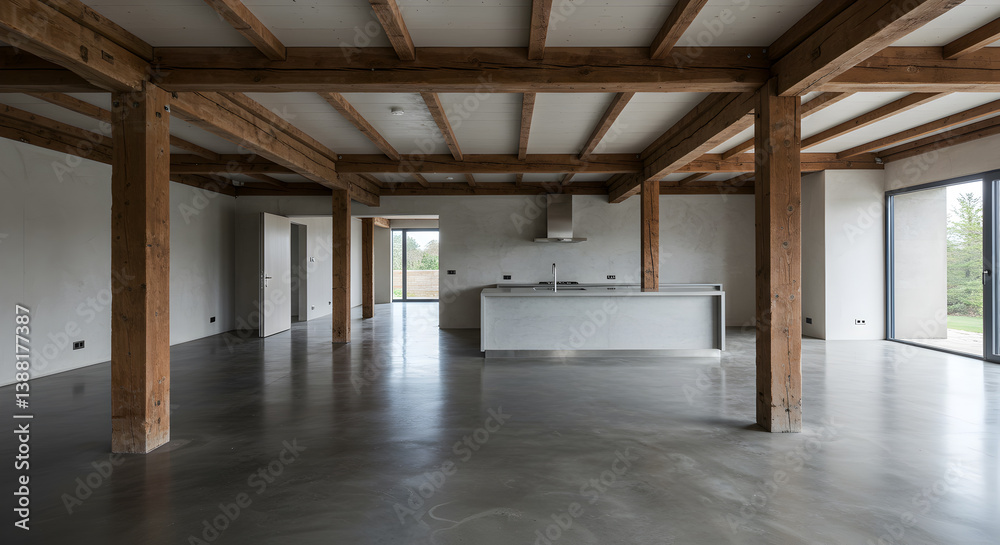 Modern Open Layout Featuring Raw Timber Beams And Polished Concrete Floors Modern Open Layout Featuring Raw Timber Beams And Polished Concrete Floors
