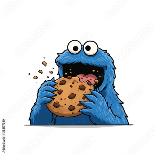 Cookie Monster Vector - Cartoon Character Eating Cookie Illustration