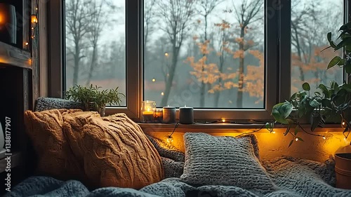 Cozy indoor reading nook with knitted pillows, soft blankets, and autumn view through window