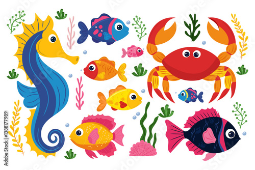 Cartoon sea animals collection with tropical fish, crab, seahorse and coral reef plants, ideal for children’s books, educational apps, baby products, nursery prints and marine-themed designs.
