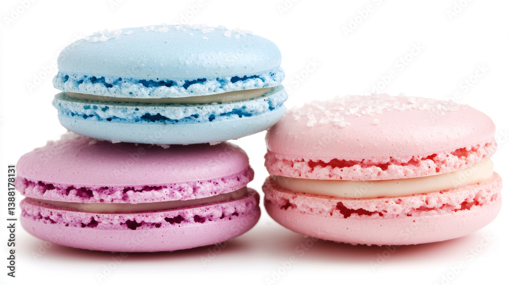 Three delicious multicolored macarons presented against a clean white background