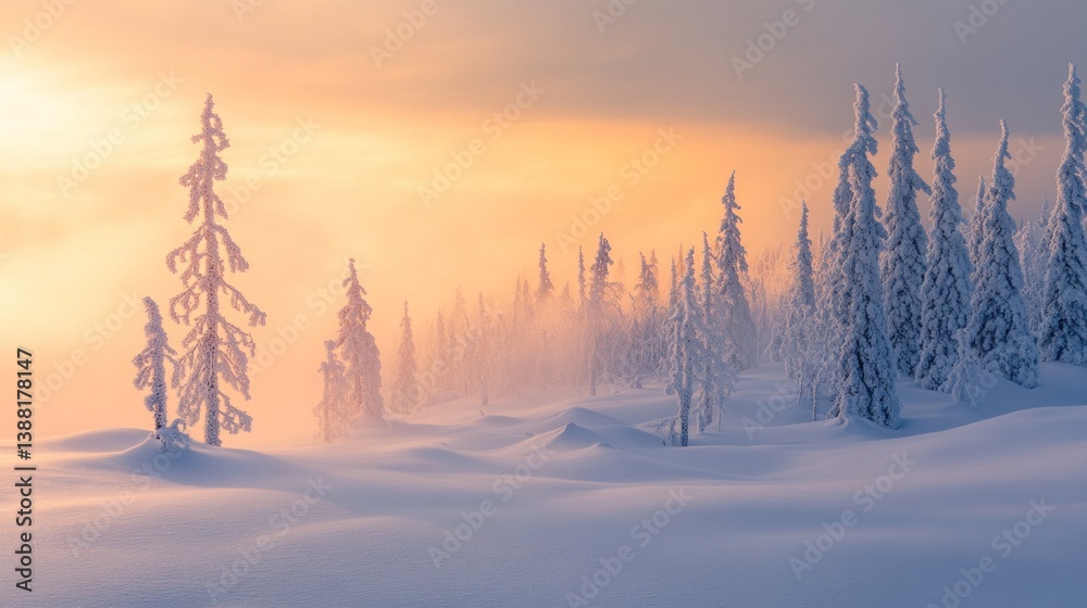 Obraz premium Snowy Trees Under Soft Sunlight in Winter Landscape Scene