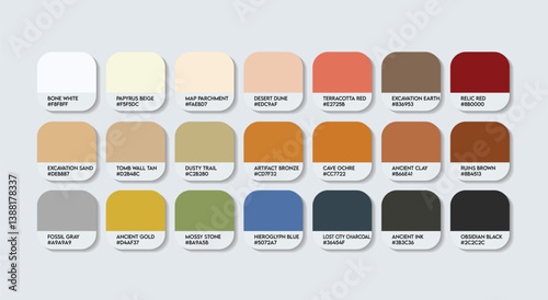Archaeologist Color Guide Palette with Color Names. Catalog Sample of Archaeologist with RGB HEX codes and Names. Archaeologist Color Palette, plastic, sweet, Fashion Trend Old clay Color Palette