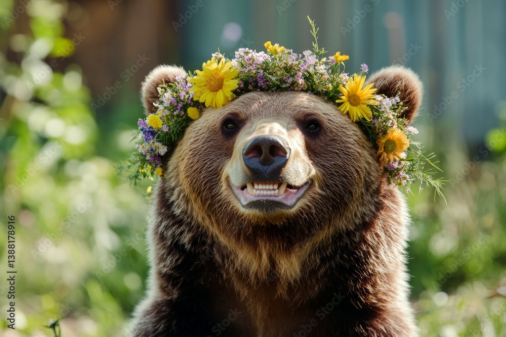 Obraz premium Morning glow. Cute adult animal grizzly bear wearing untamed flower wreath on its head. Summer happiness. Beautiful floral scene with wildlife. Serene summer moment in the wild.