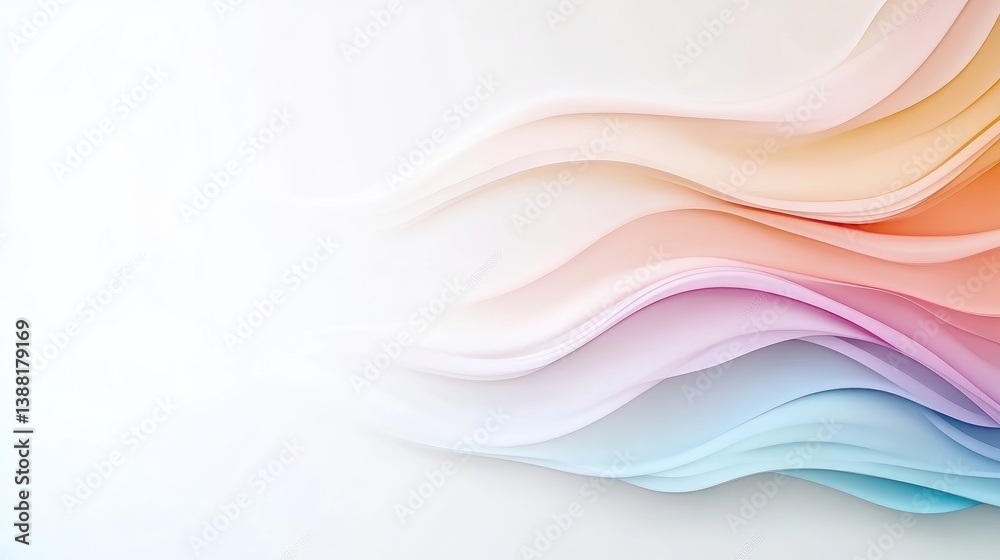 Fototapeta premium Colorful abstract waves flowing across a white background, soft pastel gradients with smooth transitions, and modern art design concept.