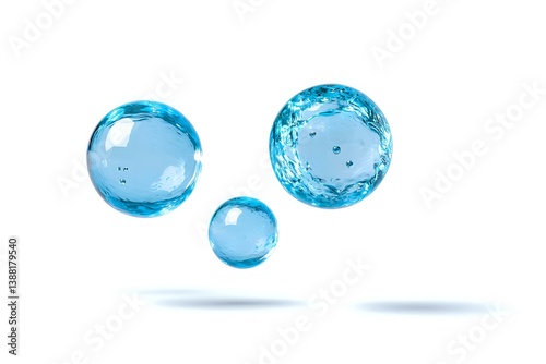 Wallpaper Mural Floating blue water spheres with transparent liquid drops isolated on white background, showing surface tension and refraction effects in clean pure water. Torontodigital.ca