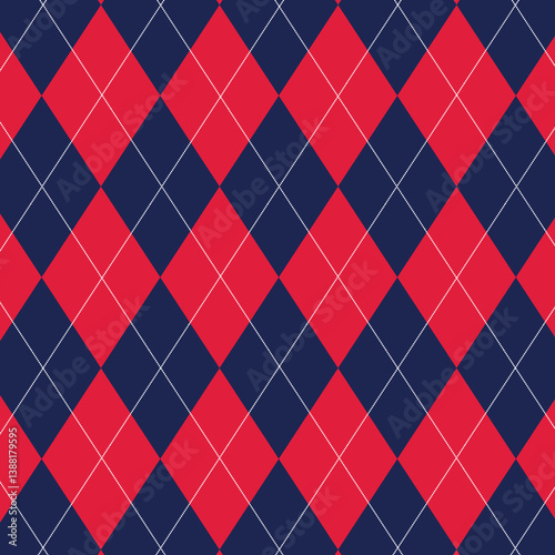 Seamless red argyle pattern, diamond and harlequin geometric pattern. Vector decorative ornamental checkered rhombus background