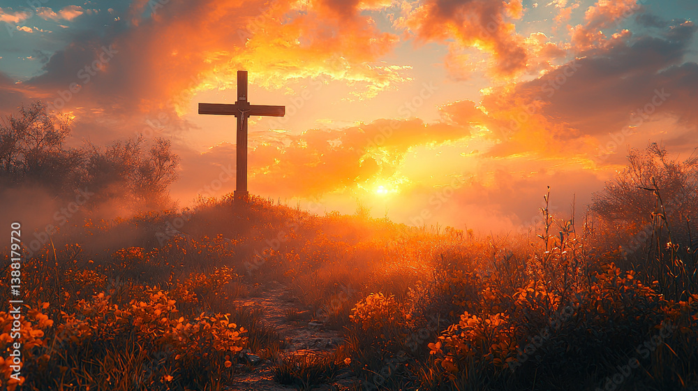 A majestic wooden cross silhouetted against a vibrant, fiery sunset over a field of flowers. A majestic wooden cross silhouetted against a vibrant, fiery sunset over a field of flowers.