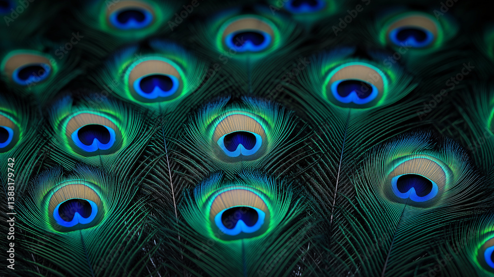Fototapeta premium Emerald Elegance: An up-close view of a peacock's iridescent feathers, each intricate eye-spot shimmering with a spectrum of emerald and sapphire hues. Experience the opulence of nature's artistry.