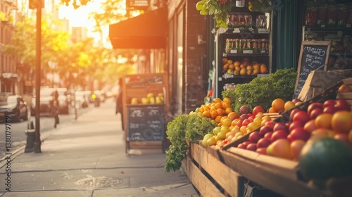 Charming small grocery store with colorful fruit and vegetable display on lively city street at golden hour