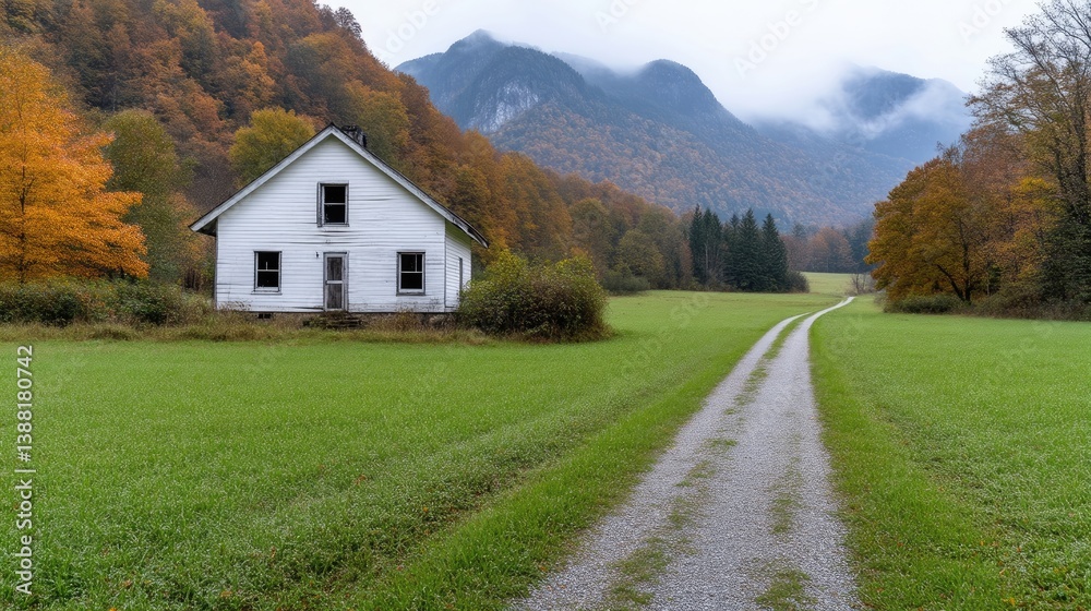 Fototapeta premium Tranquil, abandoned farmhouse nestled in a valley with autumn foliage