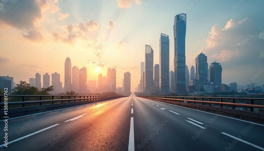 Fototapeta premium Asphalt road leads to modern city skyline with buildings. Sunset colors sky over China metropolis. Urban landscape, road transport, business district.