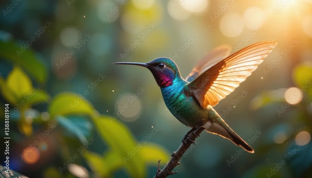 Fototapeta premium Iridescent hummingbird perched, sunlit wings, bokeh background, vibrant plumage.