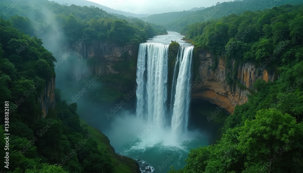 Fototapeta premium Majestic waterfall cascades in rich green forest. Water stream flows over cliff, creates mist. Tropical jungle nature landscape with rocks, vegetation, plants. Fresh natural environment, travel to