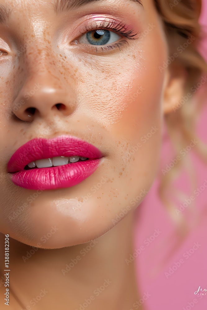 Fototapeta premium Close up portrait of young woman with freckles, bright pink lipstick, natural glowing skin and blue eyes against pink background. Professional makeup artistry.