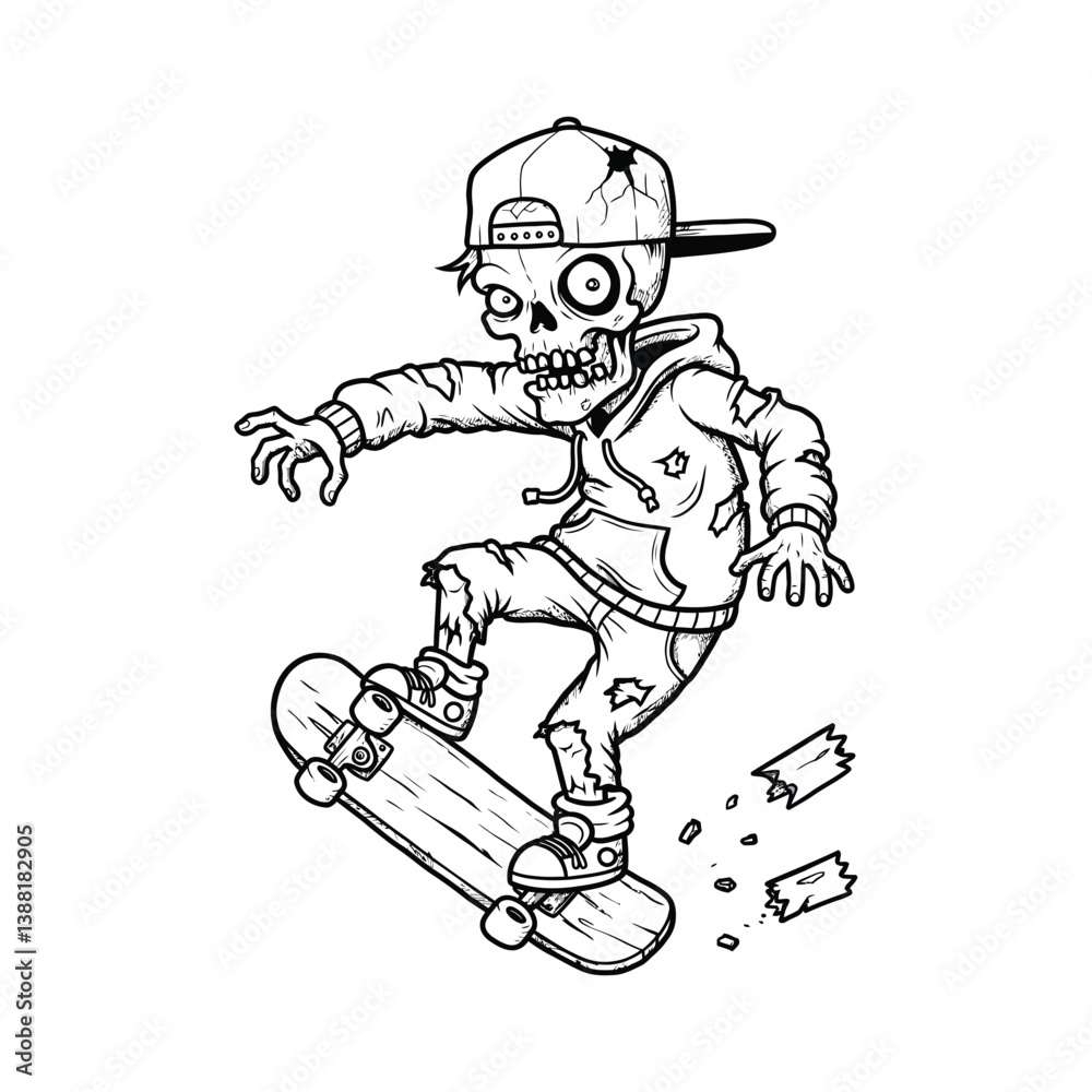 Obraz premium Zombie skateboarder riding skateboard sketch illustration