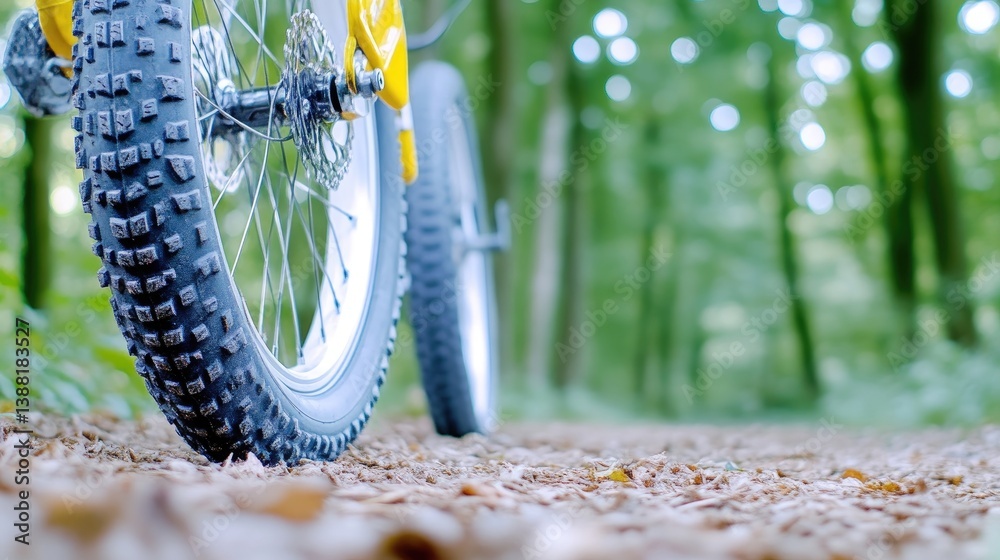 Naklejka premium Mountain bike tire in forest path