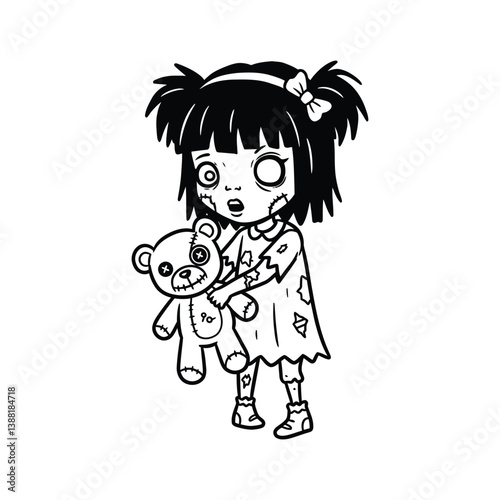 Creepy zombie girl holding stitched teddy bear sketch