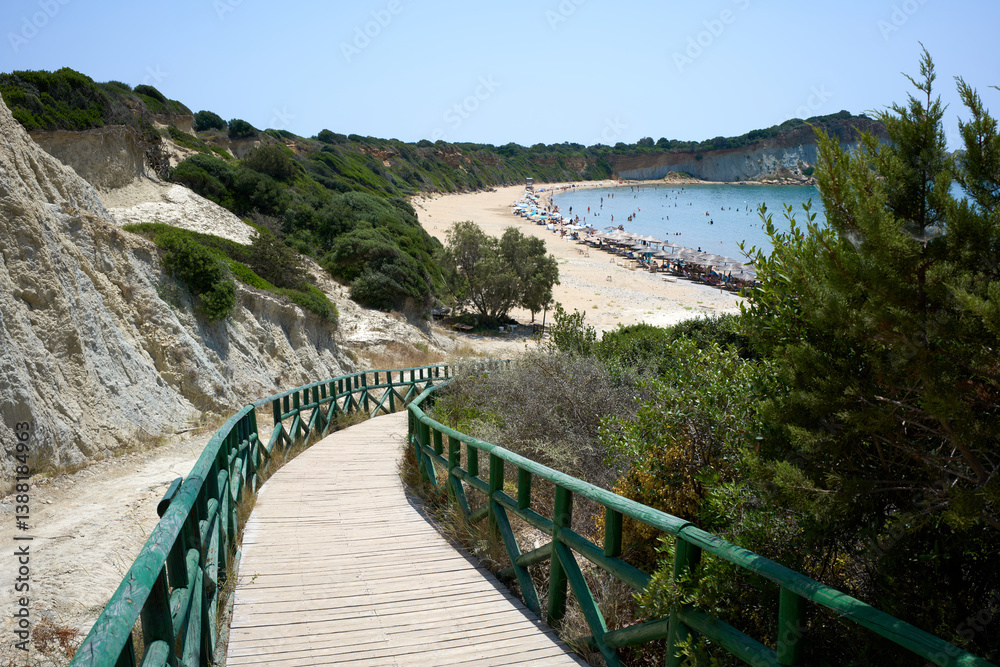 Obraz premium Gerakas Beach, Zakynthos (Zante), Greece - July 4 2023. A calm cove and a fantastic beach with warm, turquoise waters and a nesting site for the protected species of sea turtle Caretta Caretta.