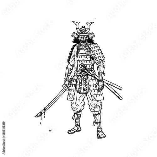 Undead skeletal samurai warrior sketch illustration