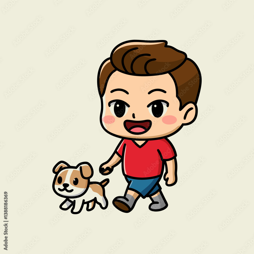 Smiling Boy Walking Puppy - Fun Pet Day Cartoon Character, National Pet Day holiday design vector illustration. Smiling Boy Walking Puppy - Fun Pet Day Cartoon Character, National Pet Day holiday design vector illustration.