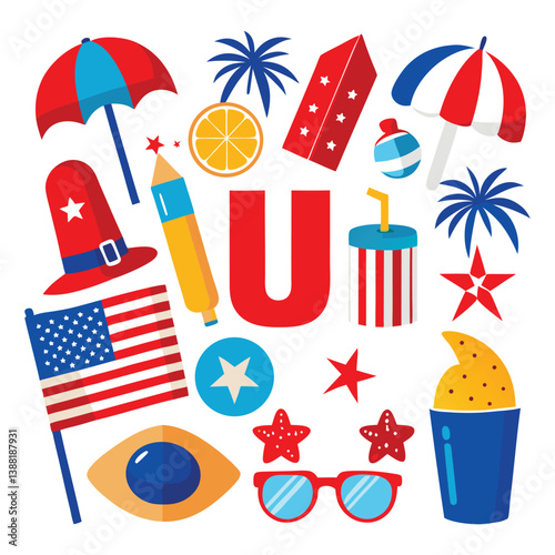 Holiday Beach Set with Fireworks, Flags, and Summer Items