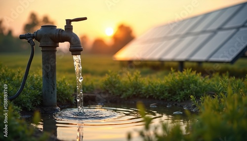Solar powered water pump at farm. Solar panels used for irrigation system. Renewable energy tech, eco-friendly power source for agriculture. Sustainable solution, environmentally conscious approach.