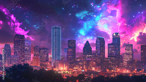 Wallpaper Mural Nightscape City Serenity: Skyscrapers gracefully rise against a mesmerizing sky, painted with strokes of violet and cosmic brilliance. Torontodigital.ca