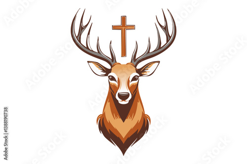 Majestic Red Deer Buck and the cross of St. Hubert , portrait of deer, great adult noble red deer with big beautiful horns and cross (Cervus elaphus)