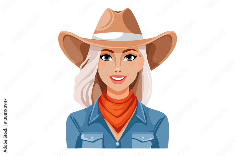 Cowgirl, horsewoman, woman rider in a brown hat, orange scarf and denim shirt Cowgirl, horsewoman, woman rider in a brown hat, orange scarf and denim shirt