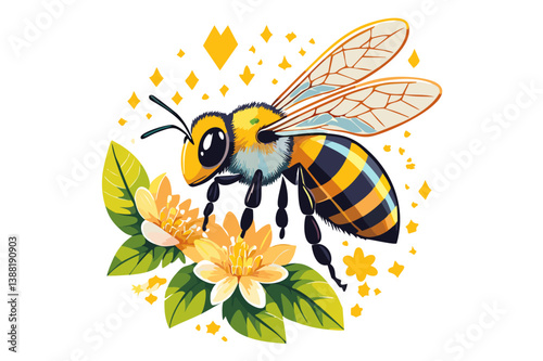 European honey bee (Apis mellifera), Flying honey bee on flowers, The bee pollinates the flowers, Beehive working insects with yellow and black stripes