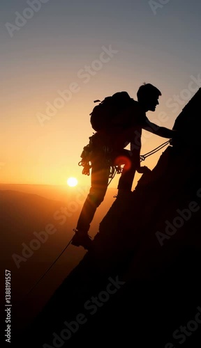 Mountaineer climbing at sunset reaching the top of a mountain