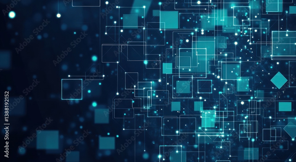 A digital abstract rendering of lines and squares in teal colors