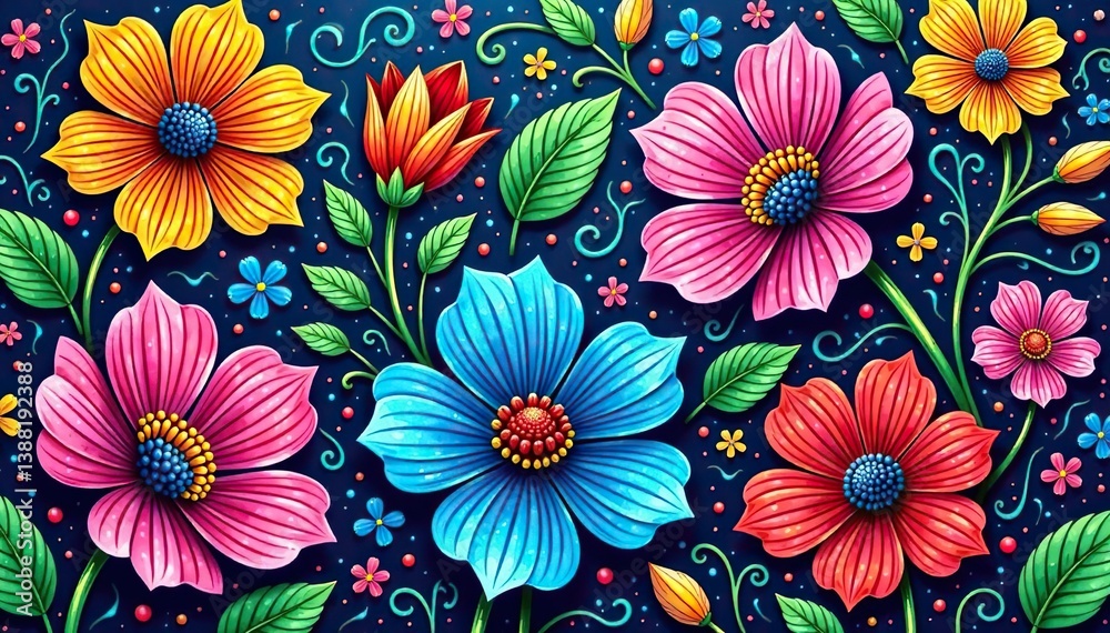 Intricate line art blooming flowers & swirling stems repeating pattern, texture, surface, black and white