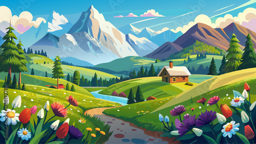 Idyllic landscape in the Alps with blooming meadows and mountain tops