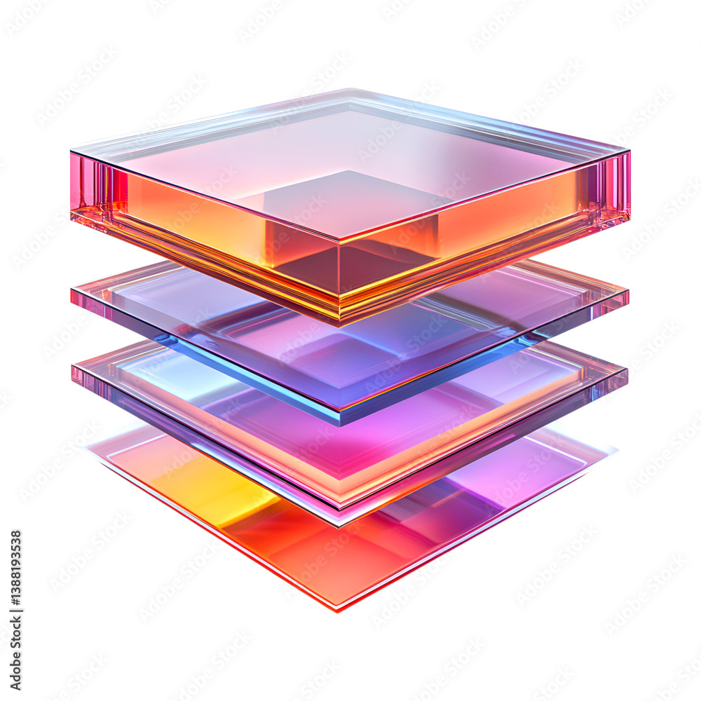 Three Neon Tinted Glass Blocks Floating Isolated on Transparent Background Three Neon Tinted Glass Blocks Floating Isolated on Transparent Background