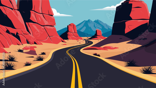 Landscape with A road in the desert with mountains in the background. The road is empty and straight. Vector art illustration