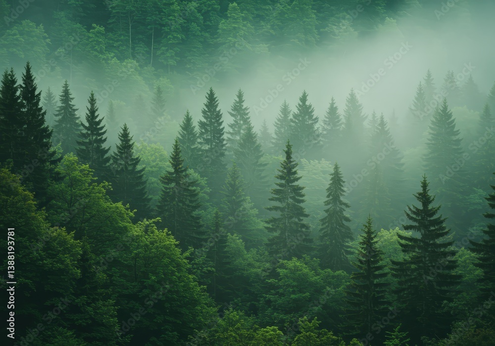 Fototapeta premium Serene and Misty Evergreen Forest in the Appalachian Mountain. Natural Woodland Landscape for Relaxation, Meditation and Hiking Adventure Travel. Tranquil Background Wallpaper