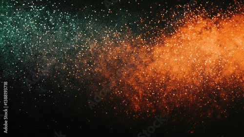 Dynamic explosion of vibrant orange and teal particles contrasting against a deep black background creating an energetic visual impact