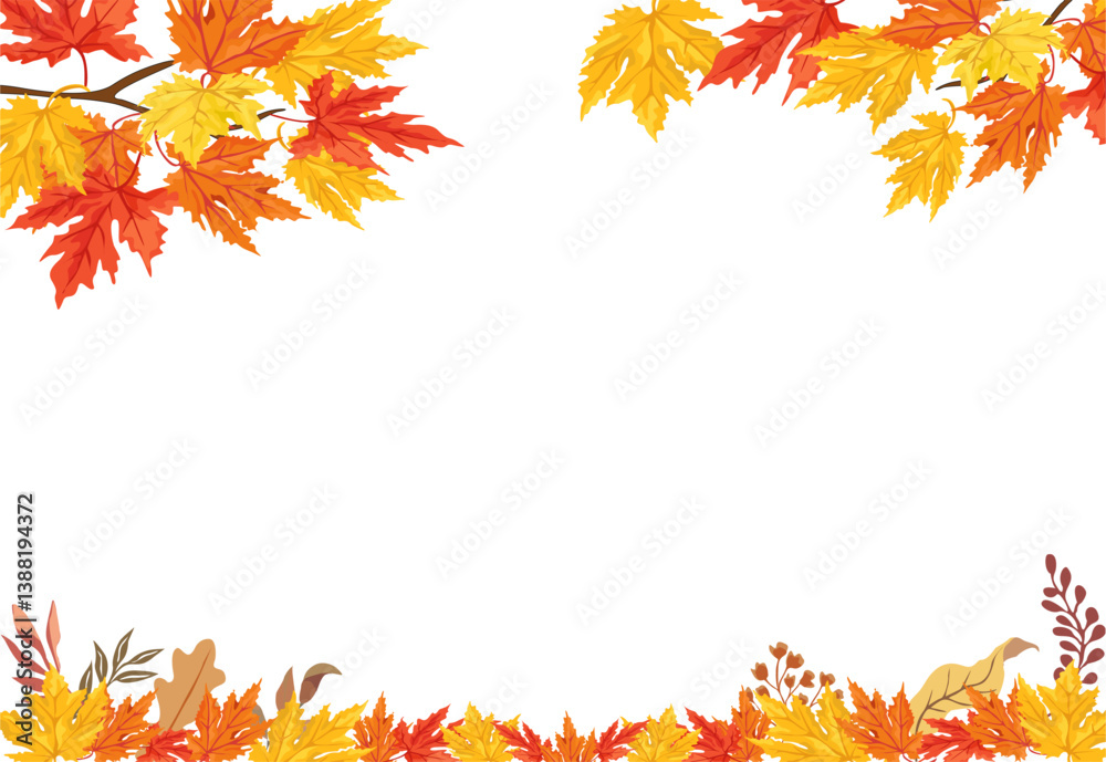 Autumn Leaves and tree branch natural background, design, cover, banner or template. Red, yellow and orange maple leaves fly and fall down. Fall foliage vector illustration isolated, white background.