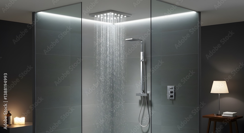 shower head in tiled bathroom with evening lighting