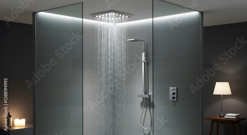 Obraz na płótnie shower head in tiled bathroom with evening lighting w salonie