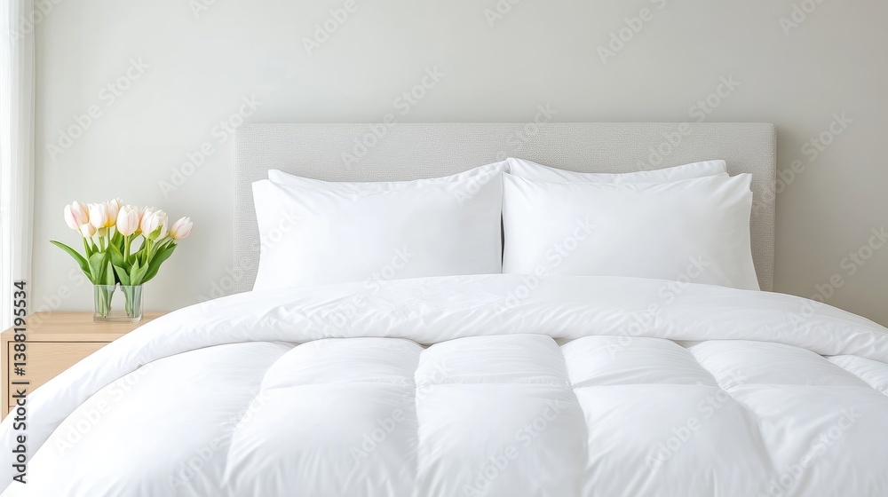Obraz premium A fluffy white comforter covers a bed with two pillows. A bouquet of tulips sits on a nearby side table. The image is well-lit, high-resolution, and features a minimalist aesthetic. The scene is cal